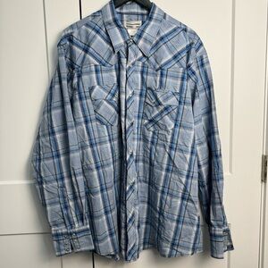 Wrangler Men’s Blue Plaid Pearl Snap Long Sleeve Western Wrancher Shirt 2XL